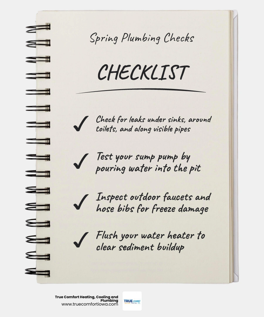Spring plumbing inspection checklist infographic for Des Moines homeowners showing 10 key checks infographic Spring plumbing inspection checklist infographic for Des Moines homeowners showing 10 key checks infographic