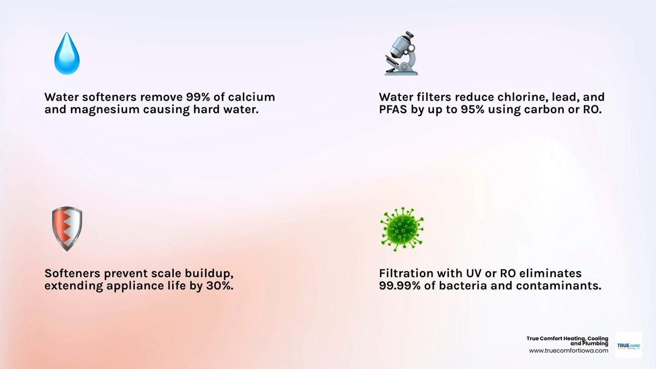 Infographic comparing water softener vs water filtration: functions, technologies, and what each removes - water softener vs