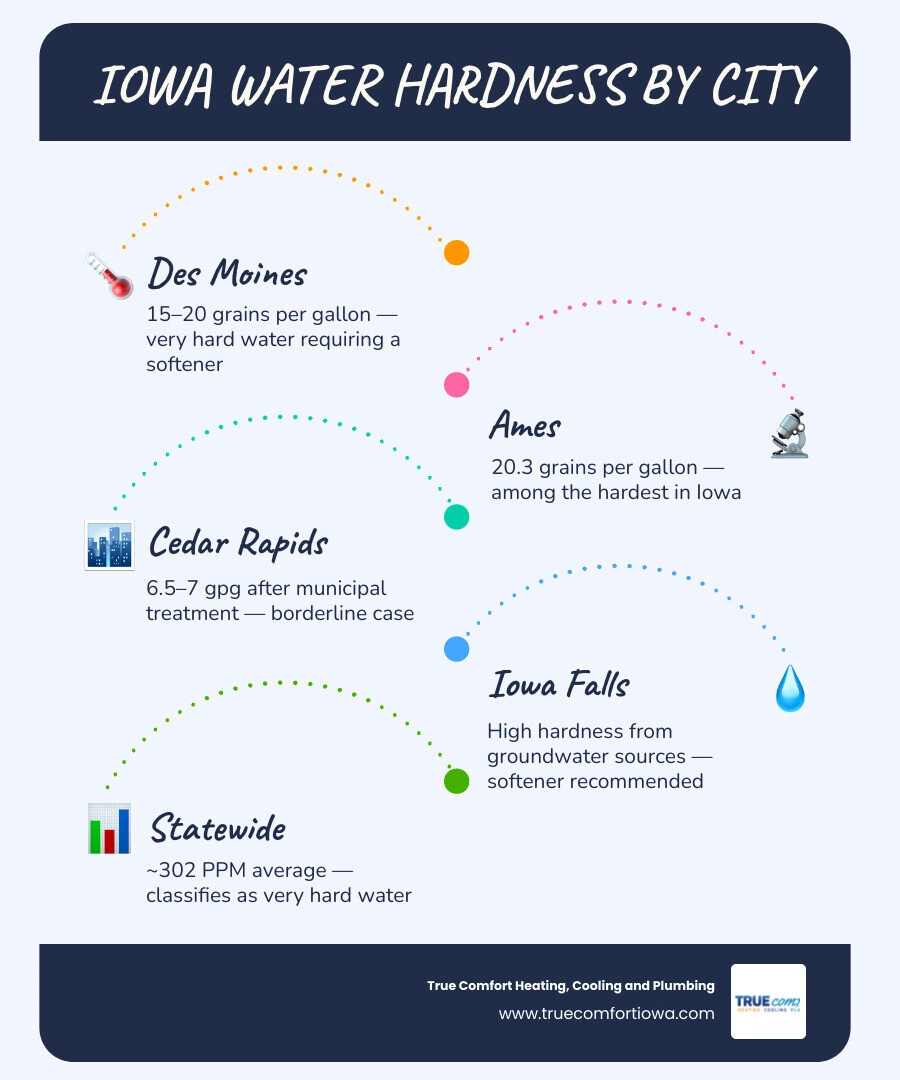 Infographic showing Iowa water hardness levels by city and recommended softener thresholds infographic Infographic showing Iowa water hardness levels by city and recommended softener thresholds infographic