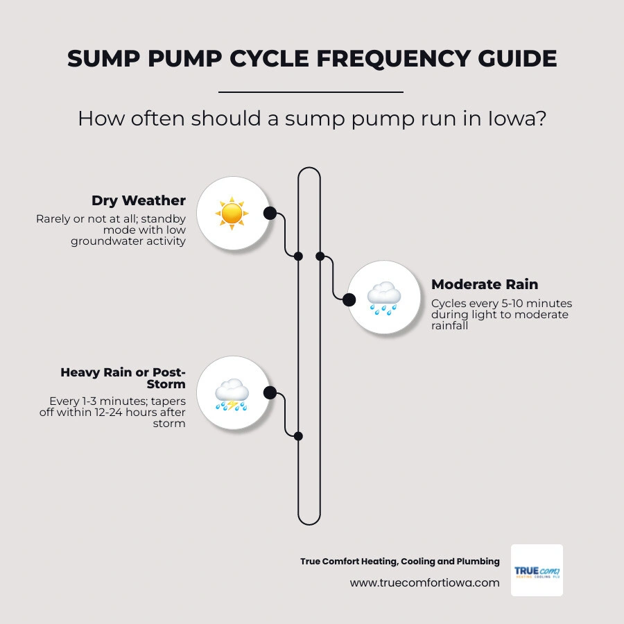 Infographic showing normal sump pump cycle frequency by weather condition and warning signs infographic Infographic showing normal sump pump cycle frequency by weather condition and warning signs infographic