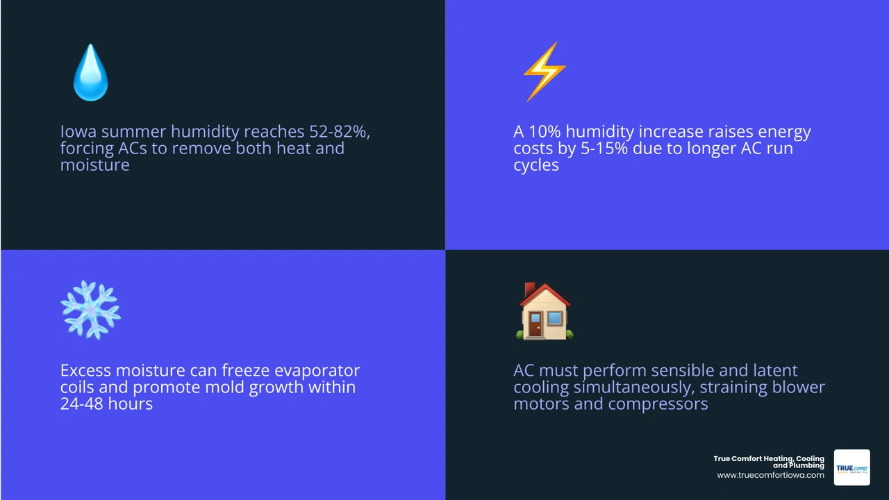 Infographic showing how high Iowa humidity forces AC to work harder, increases energy use, and raises mold risk infographic Infographic showing how high Iowa humidity forces AC to work harder, increases energy use, and raises mold risk infographic