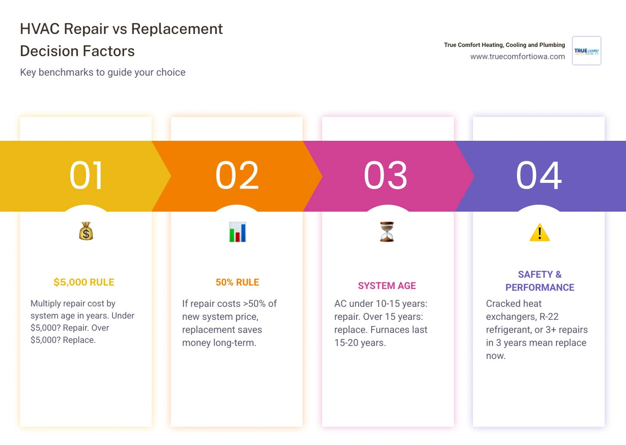 HVAC repair vs replacement decision flowchart with age, cost rules, and safety factors infographic