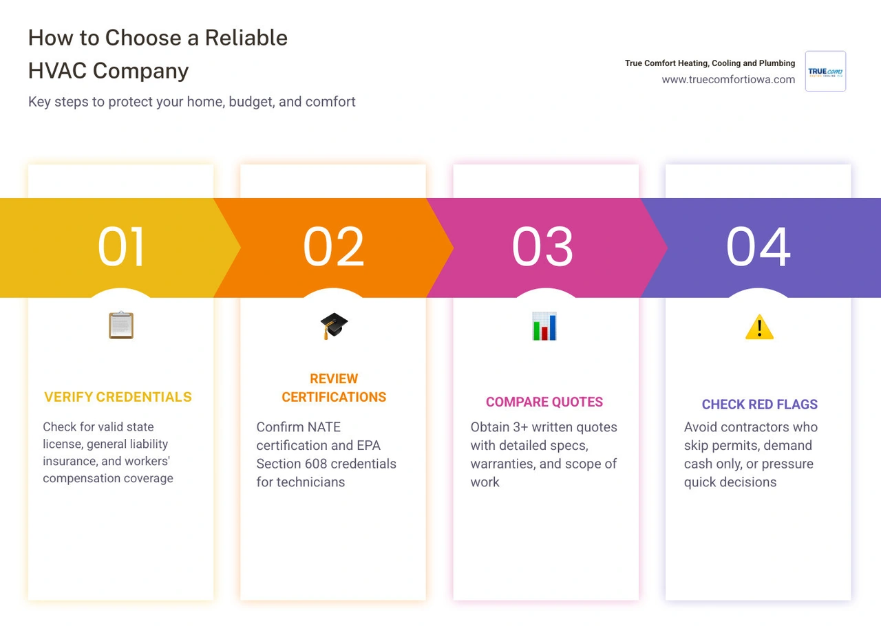Step-by-step infographic showing how to choose a reliable HVAC company, from verifying credentials to signing a contract