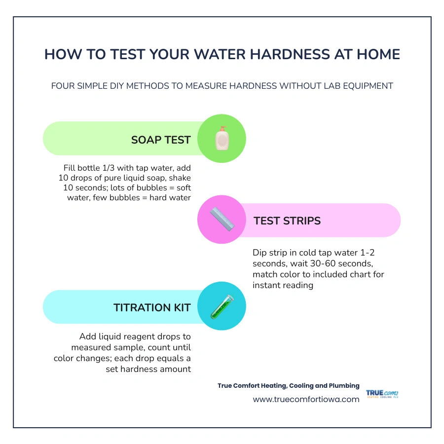 Infographic showing water hardness testing methods: soap test, test strips, titration kit, and municipal report with