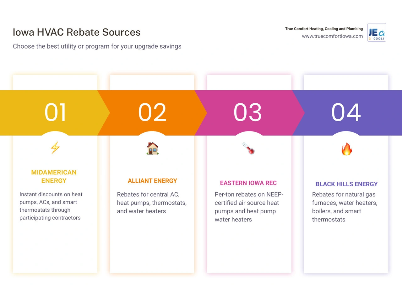 Infographic showing Iowa HVAC rebate sources including utility instant discounts, mail-in rebates, and federal IRA programs Infographic showing Iowa HVAC rebate sources including utility instant discounts, mail-in rebates, and federal IRA programs