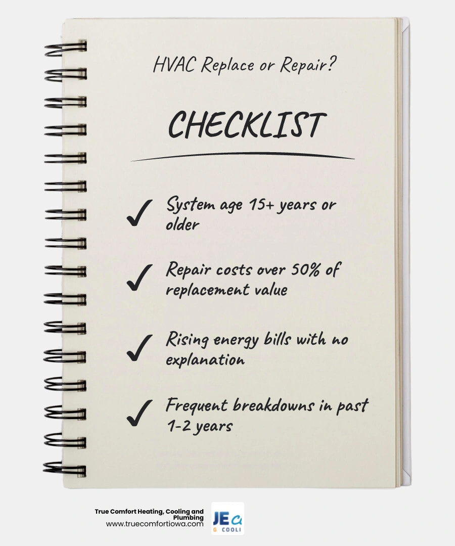 HVAC replacement decision matrix infographic showing age, repair costs, energy bills, and key warning signs infographic HVAC replacement decision matrix infographic showing age, repair costs, energy bills, and key warning signs infographic
