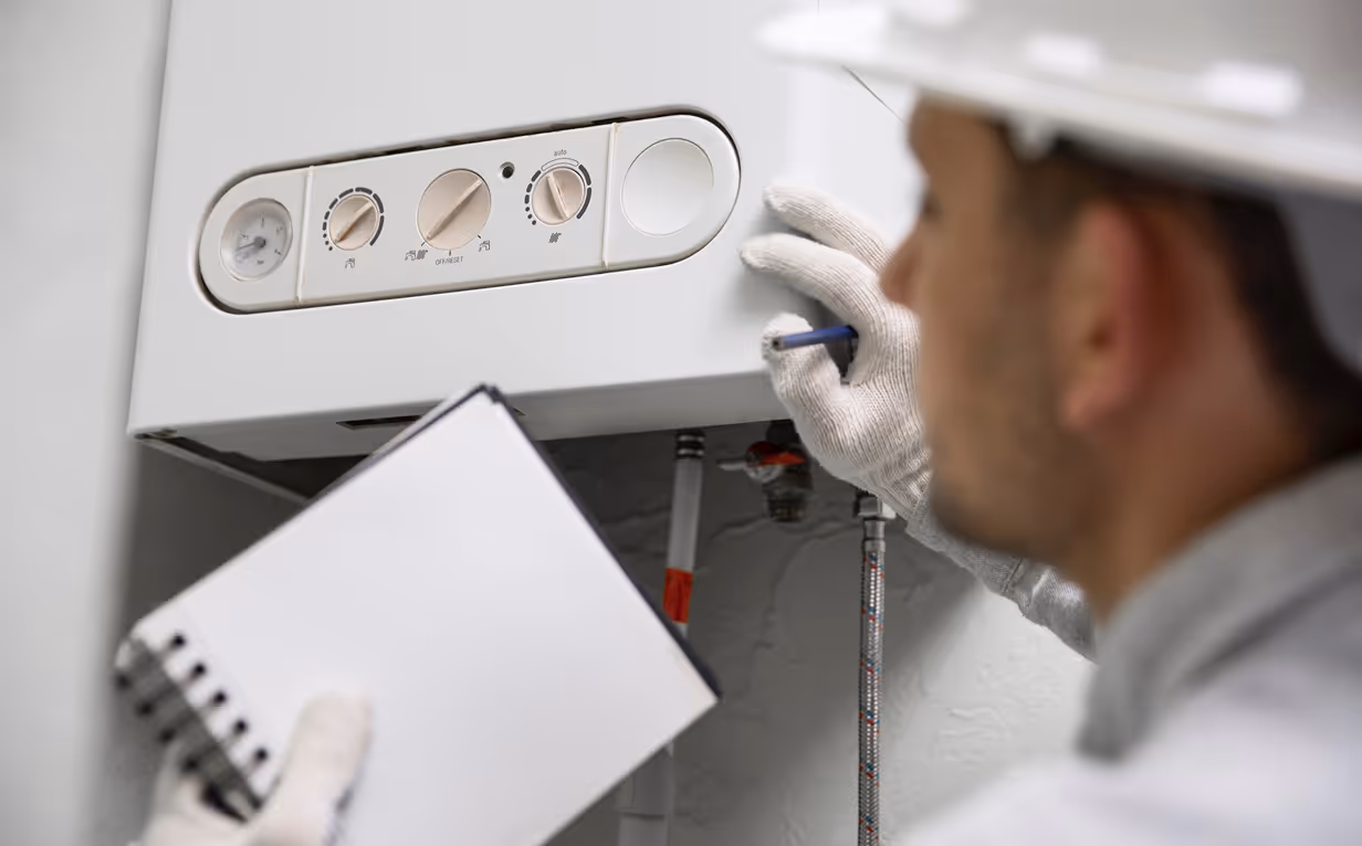 technician inspecting a home furnace in Des Moines technician inspecting a home furnace in Des Moines