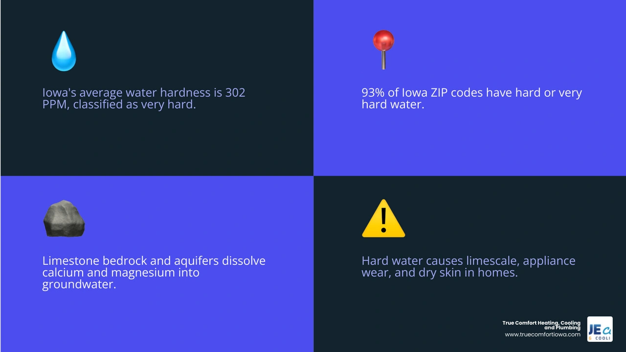 Iowa water hardness scale infographic showing PPM ranges, percentage of hard water ZIPs, and hardness levels by city Iowa water hardness scale infographic showing PPM ranges, percentage of hard water ZIPs, and hardness levels by city