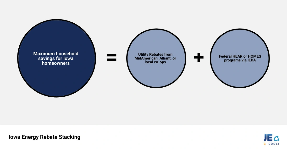 Infographic showing Iowa energy rebate stacking: utility rebates plus federal HEAR program equals maximum household savings Infographic showing Iowa energy rebate stacking: utility rebates plus federal HEAR program equals maximum household savings