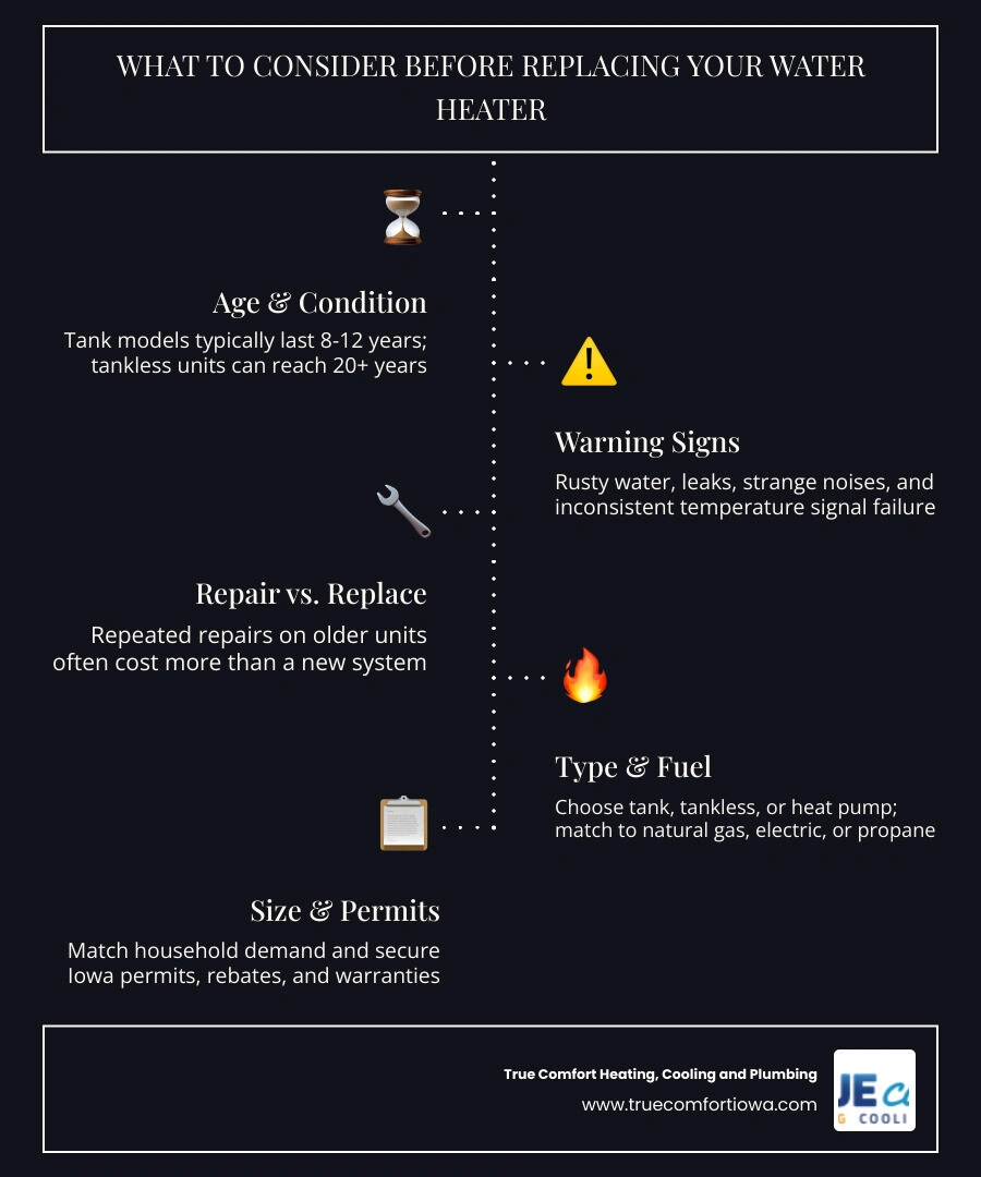 Infographic: 11 key factors to consider before replacing your water heater, including age, type, fuel source, sizing, and Infographic: 11 key factors to consider before replacing your water heater, including age, type, fuel source, sizing, and