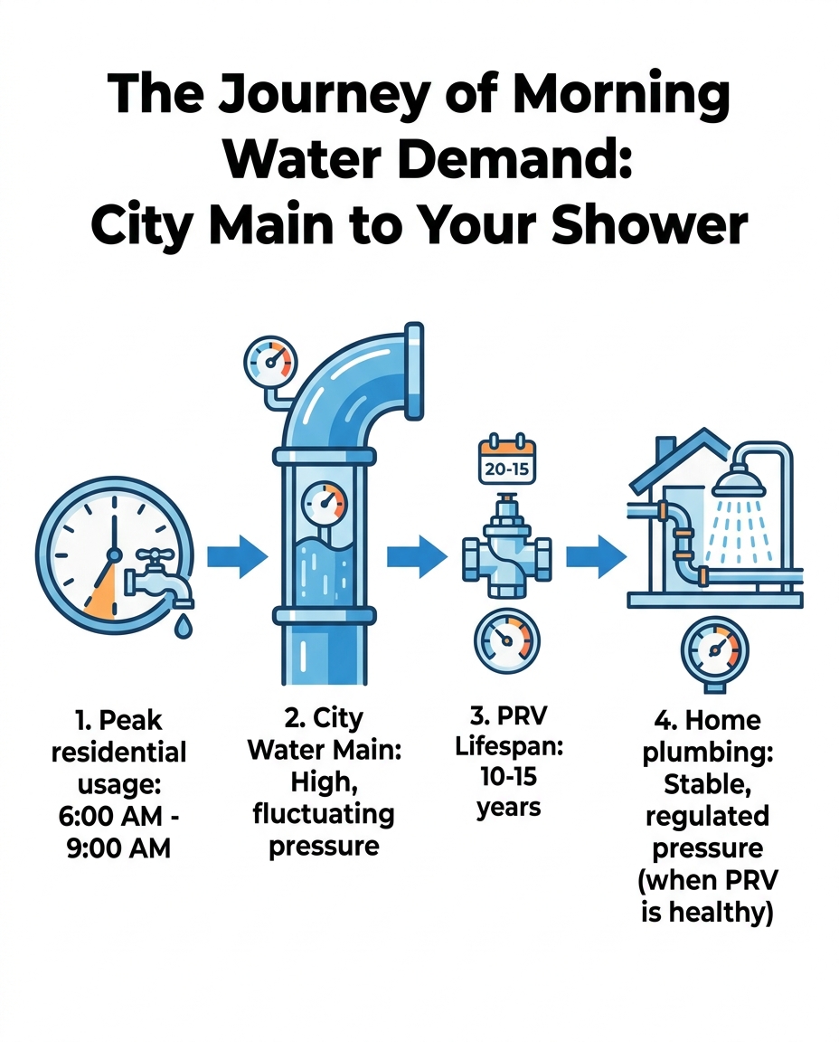 The Journey of Morning Water Demand: City Main to Your Shower
