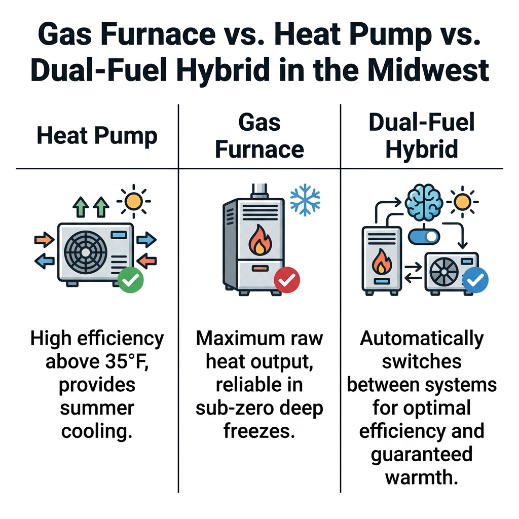 Gas Furnace vs. Heat Pump vs. Dual-Fuel Hybrid in the Midwest