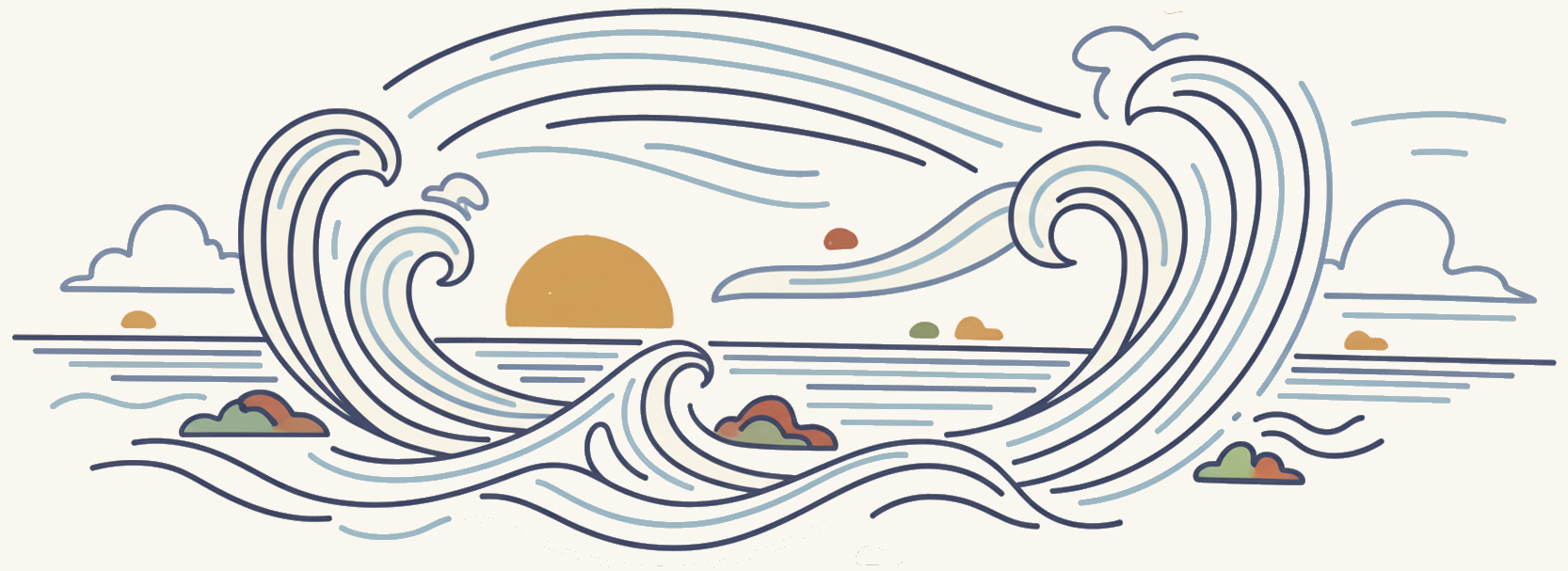 Stylized illustration of ocean waves with a setting sun and scattered clouds on the horizon.