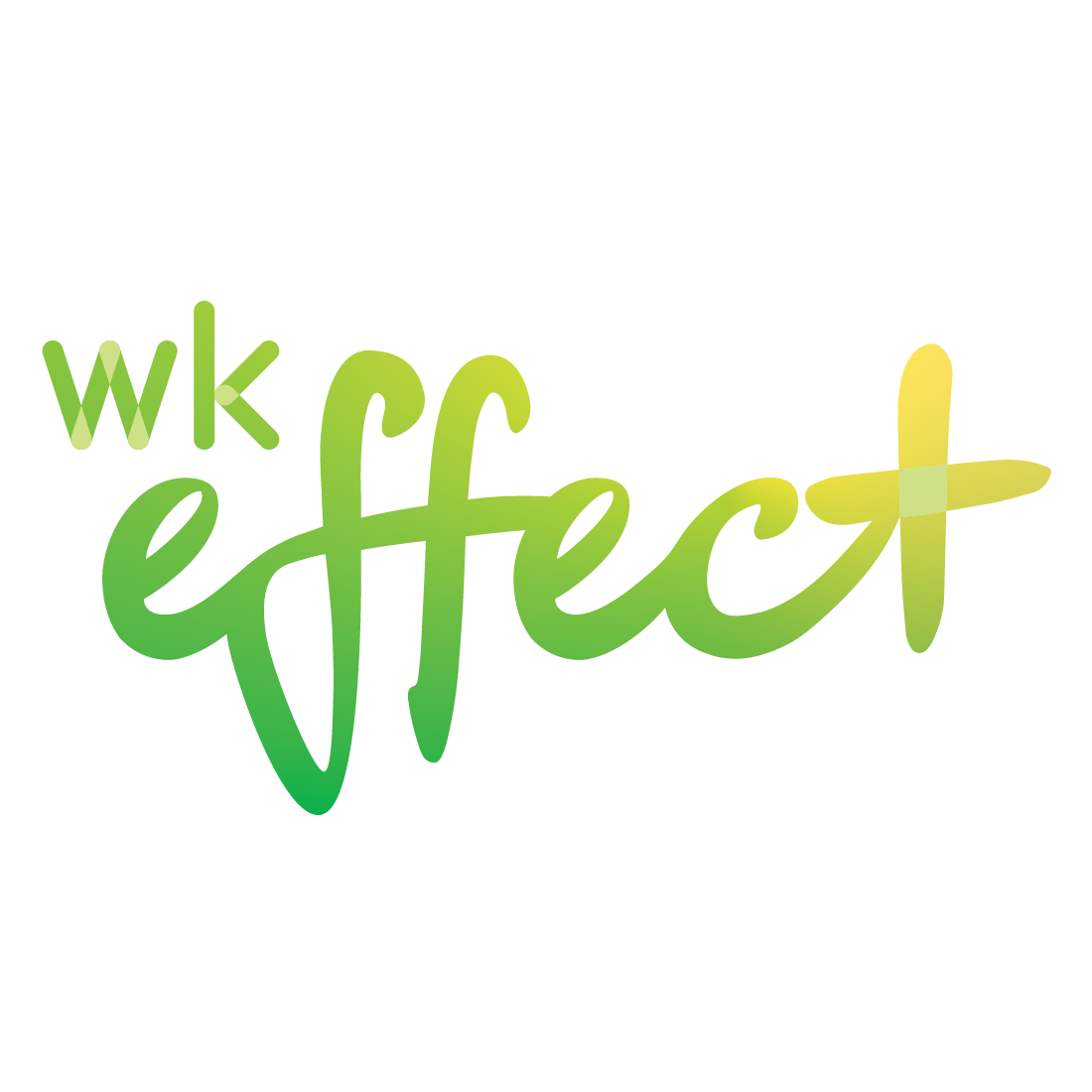 The phrase 'wk effect' written in a flowing green to yellow gradient script on white background.