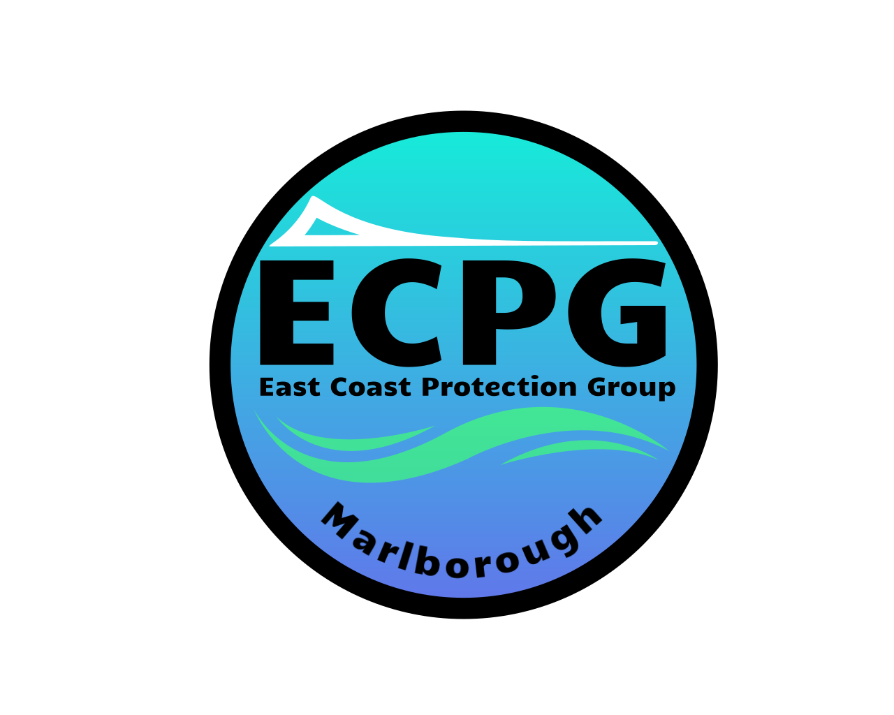 Logo with stylised white mountain peak, ECPG text, waves, and Marlborough text on blue circle.
