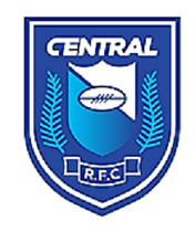 Shield logo with the word CENTRAL, a rugby ball, and fern leaves in blue and white colors.