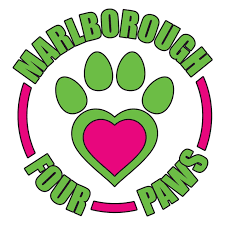 Green paw print with a pink heart in the center and text Marlborough Four Paws around it.