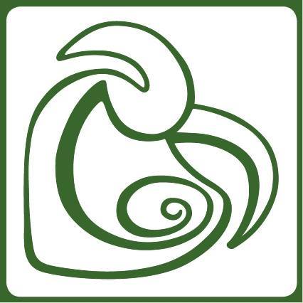 Green abstract koru spiral design inside a rounded square border on white background.