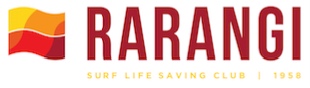 Rarangi Surf Life Saving Club logo with a stylized red and orange flag icon and text.
