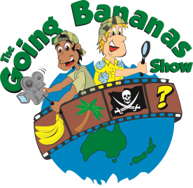 Cartoon logo of The Going Bananas Show with two explorers, filmstrip, banana, skull flag, and map of Australia.
