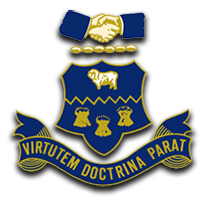 A blue heraldic shield with gold handshake, sheep, three gold sheaves, and motto banner below.