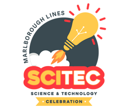 Logo with a glowing lightbulb rocket and text SCITEC science and technology celebration.