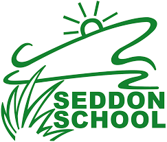 Green logo with stylized sun above hill and grass with Seddon School text.