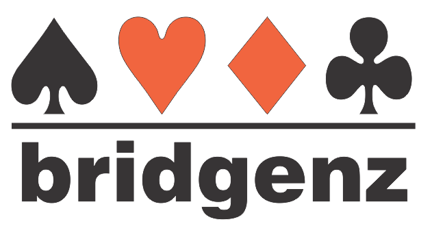 Black spade, red heart, red diamond, and black club symbols above the word bridgenz.