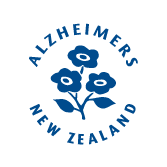 Blue stylized flower logo with text Alzheimers New Zealand encircling it.