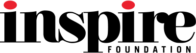Black word Inspire with red elliptical dots above the letters i and e.