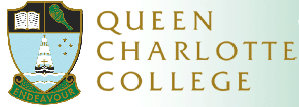 Queen Charlotte College shield with book, fern, ship, and motto Endeavour alongside text.