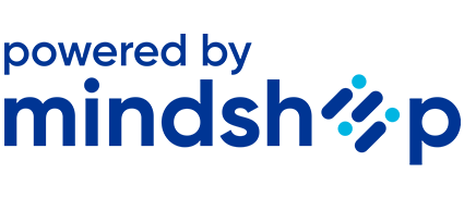 Powered by mindshop logo with blue text and stylized dot elements in the word mindshop.