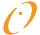 Logo with stylized white and orange elliptical shapes surrounding a lowercase letter i.