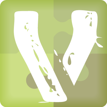 Stylized white letter V with decorative cutouts on a rounded green square background.