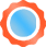 Blue circular badge with an orange gear-shaped border around it.
