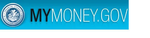 MyMoney.gov logo with the Financial Literacy and Education Commission seal on a blue background.
