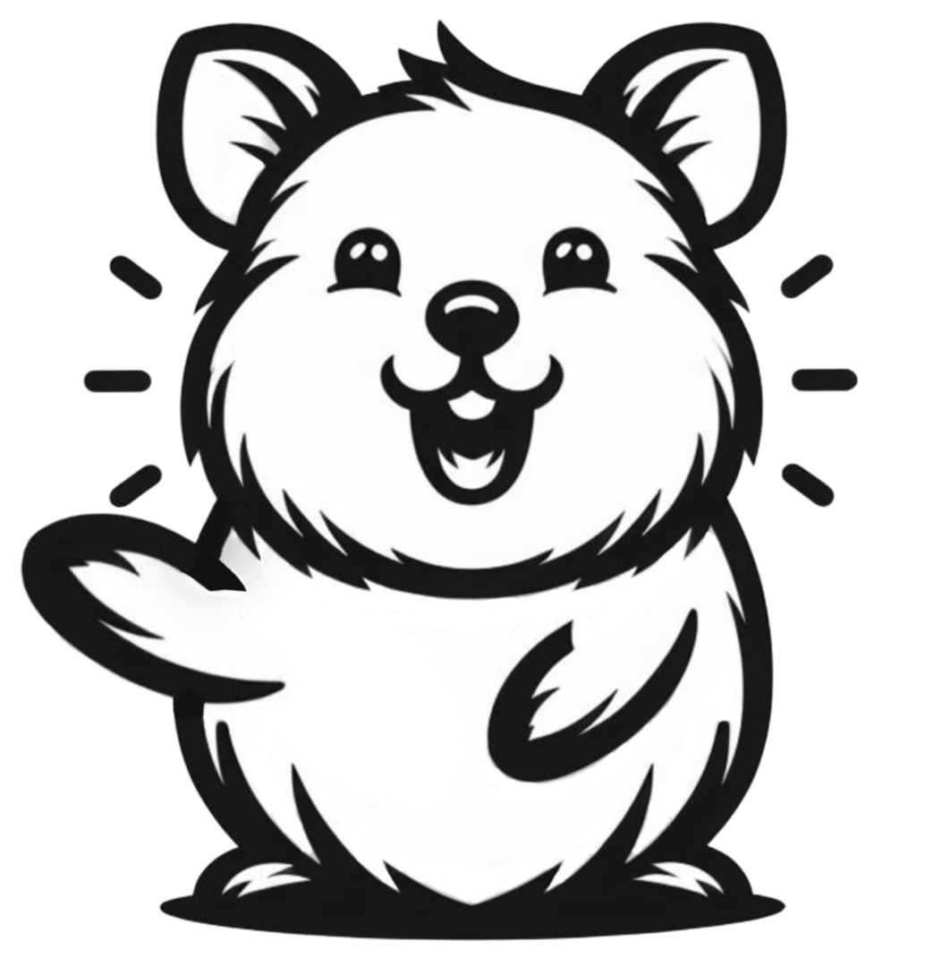 Quokka Hub’s black-and-white quokka mascot smiling and waving.