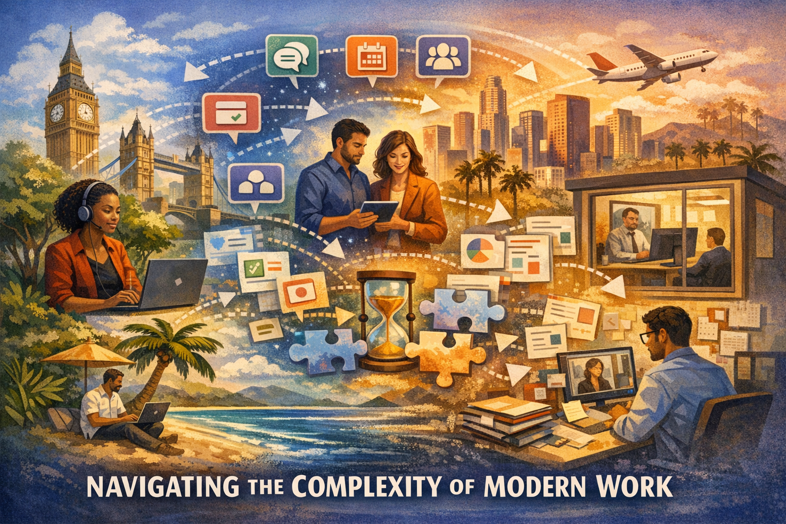 Digital illustration of a global team collaborating across London and California, representing a centralized work hub and the complexity of modern work.