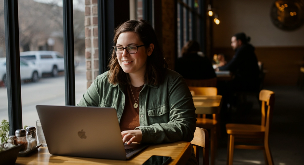 Woman wearing glasses and a green jacket smiling while working on a laptop at a wooden table by a window in a café.