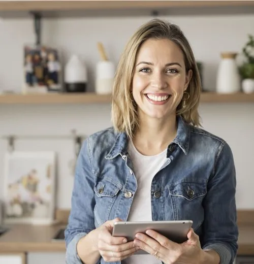 Smiling woman with blonde hair wearing a denim jacket holding a tablet in a modern kitchen.