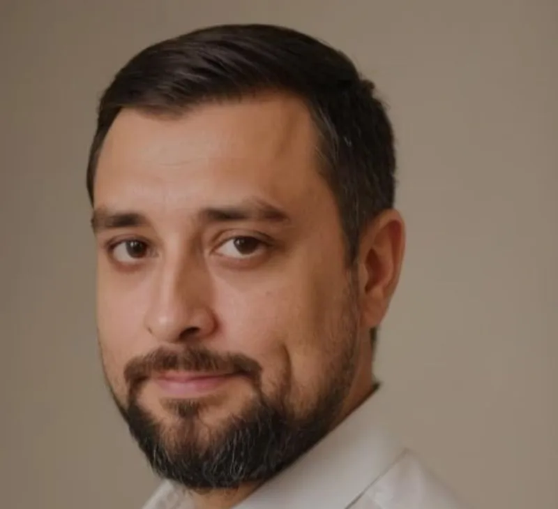 Portrait of a man with short dark hair, beard, and mustache wearing a light-colored shirt against a plain beige background.