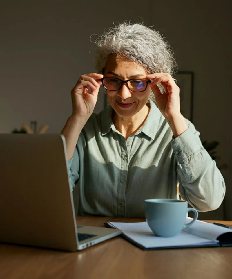 Smiling woman with curly gray hair adjusting her glasses while sitting at a desk with a laptop, an open notebook, and a blue coffee mug.