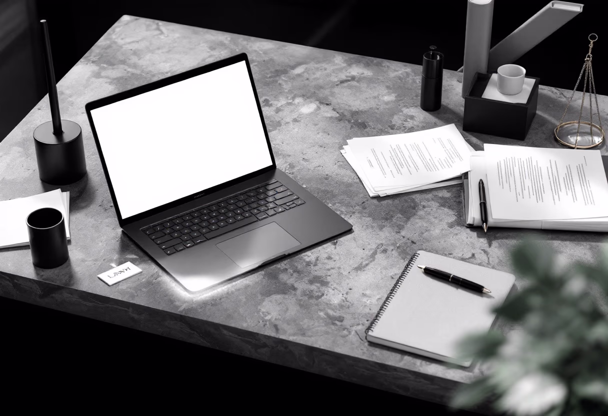 [background image] image of a work desk with a laptop and documents (for a ai legal tech company)