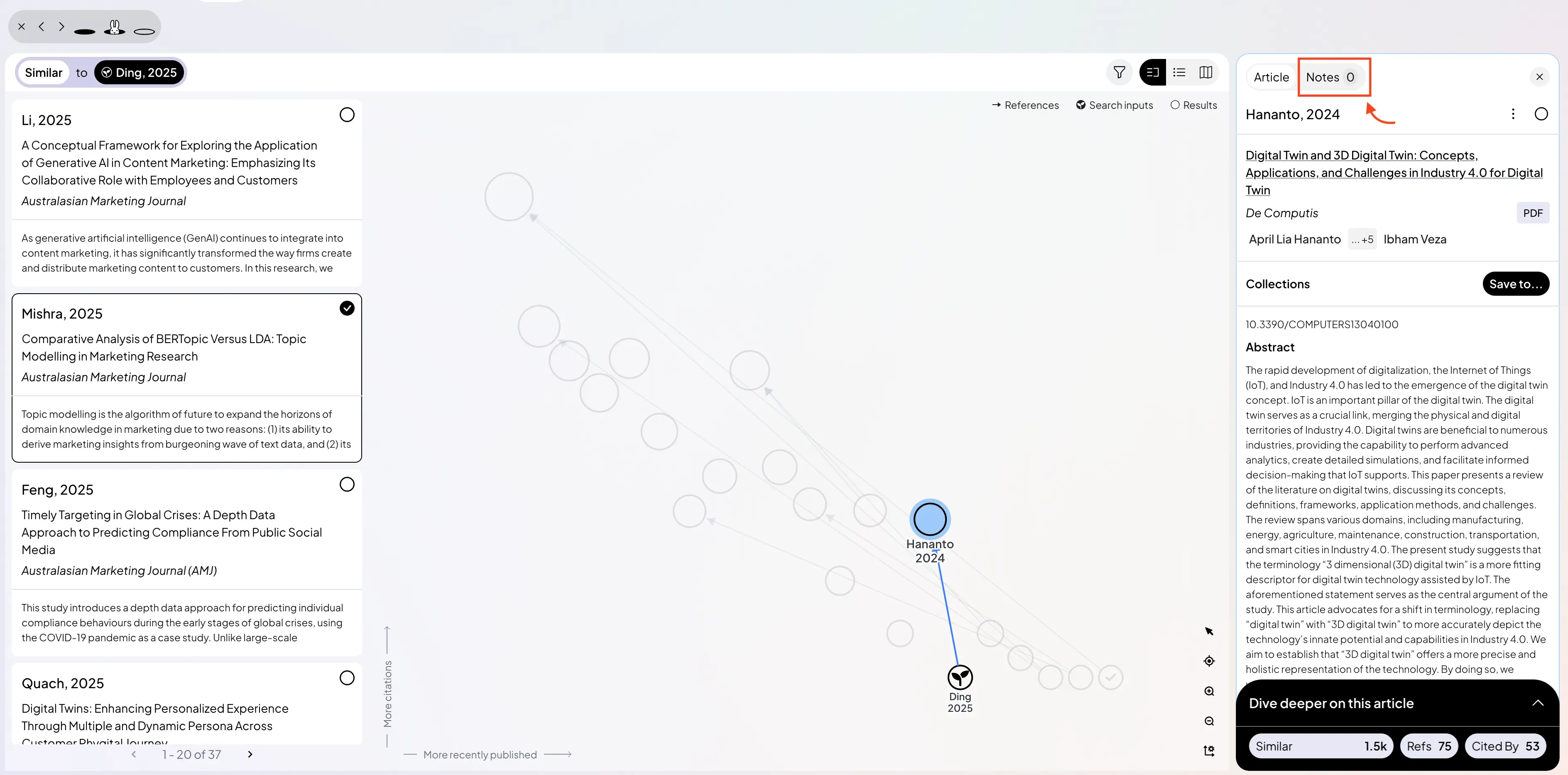 note tab to write down what you're understood from papers in researchRabbit