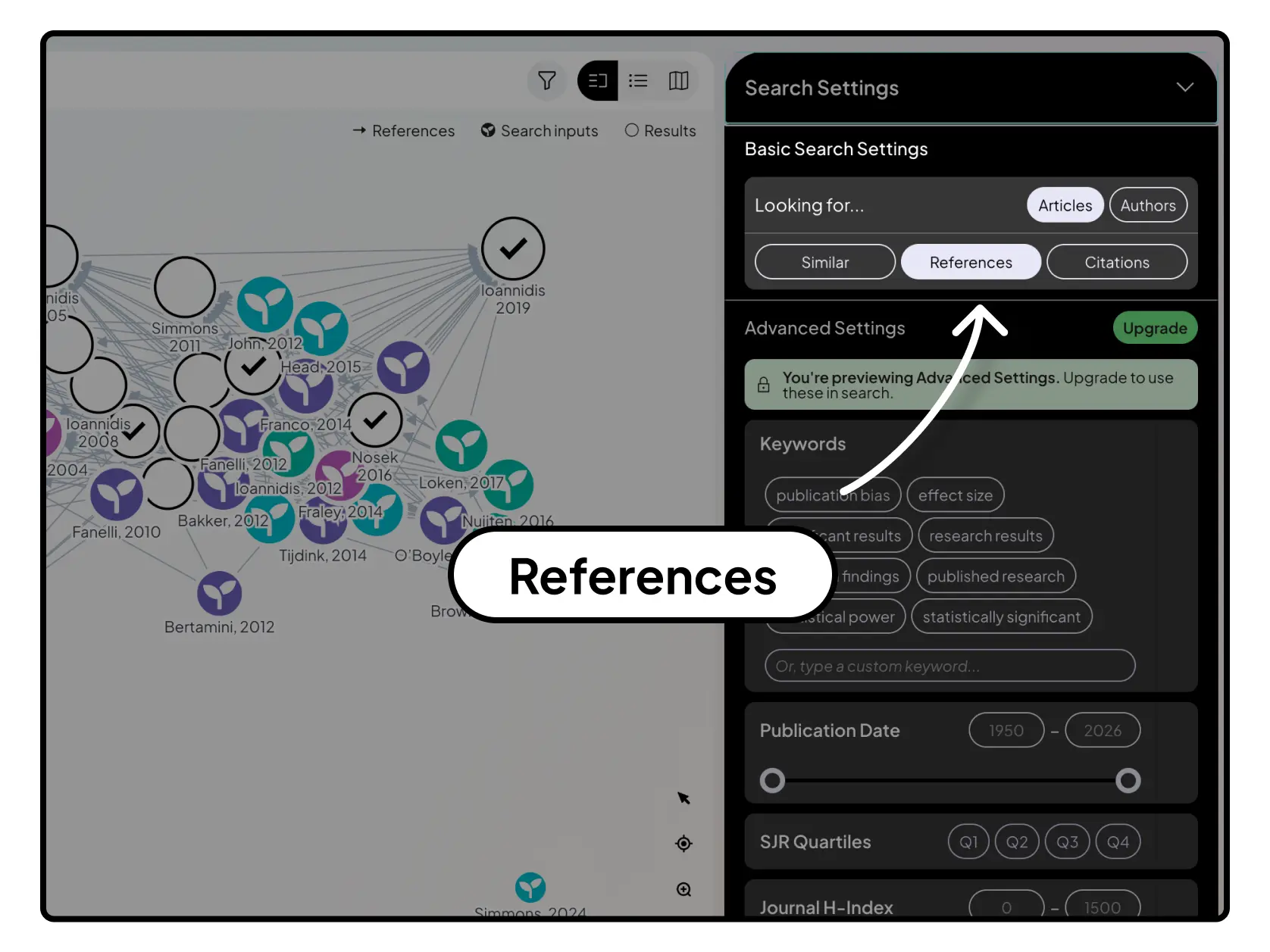 ResearchRabbit References view for backward citation searching, helping researchers discover foundational papers and trace the intellectual roots of a research topic.
