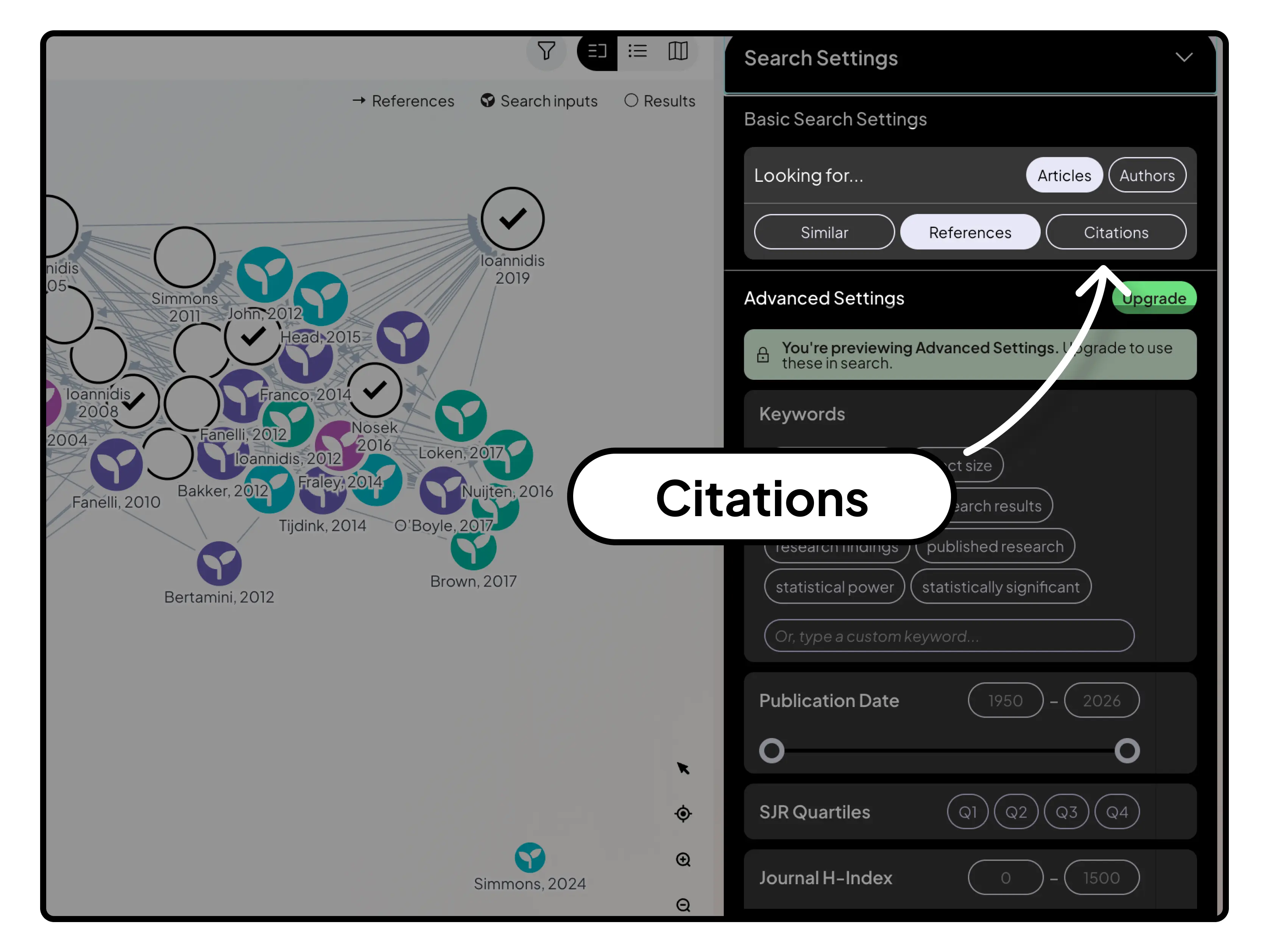 ResearchRabbit Citations view for forward citation searching, showing papers that cite a selected study and helping researchers discover recent developments in a field.