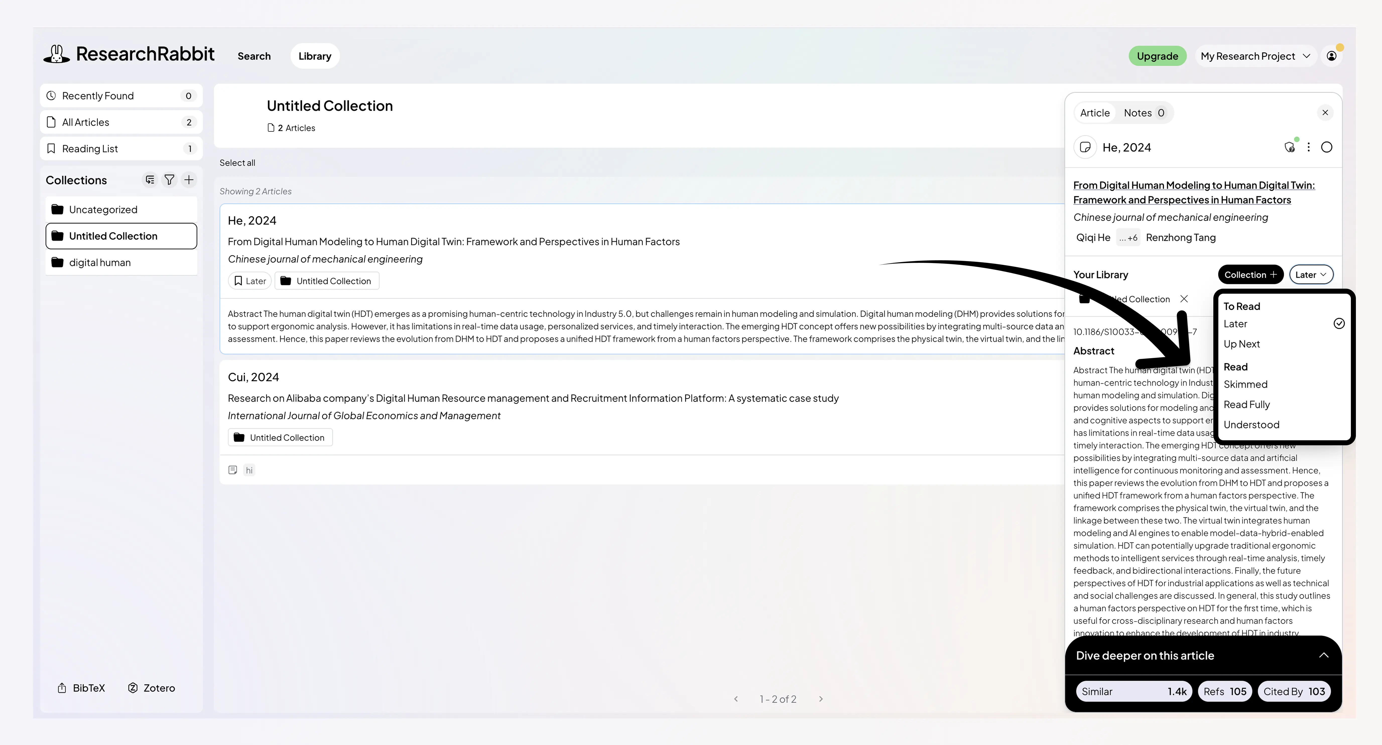 Screenshot of ResearchRabbit's Library view showing the reading status dropdown for a paper, with options including To Read, Later, Up Next, Read, Skimmed, Read Fully, and Understood.