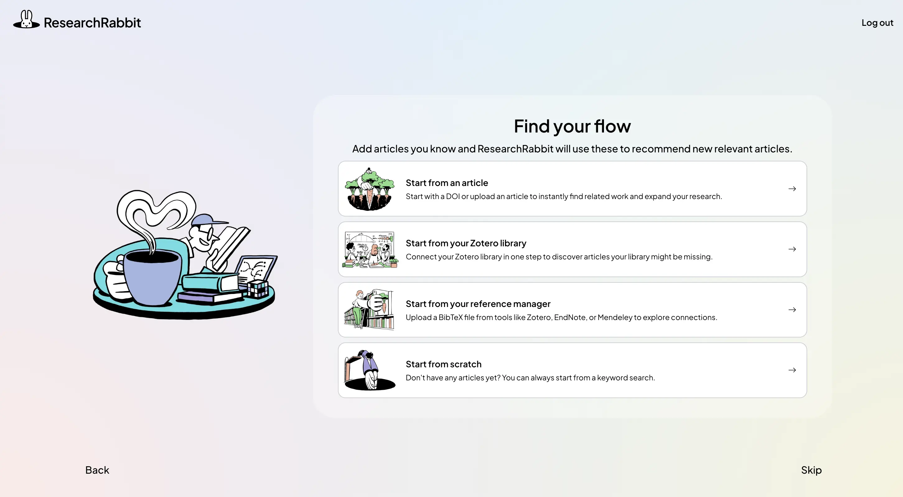 ResearchRabbit onboarding screen showing options to start from an article, Zotero library, reference manager, or from scratch.