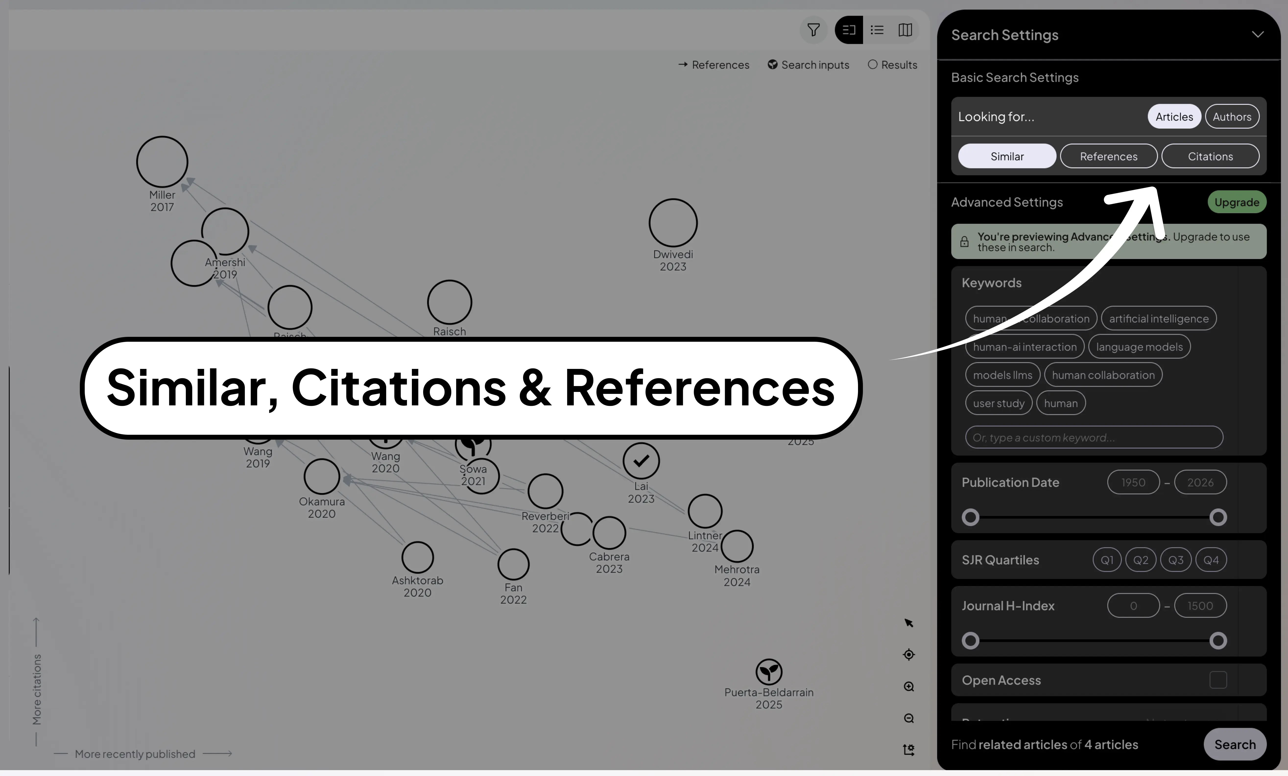 ResearchRabbit citation map with search settings highlighting Similar, References, and Citations for discovering related papers.