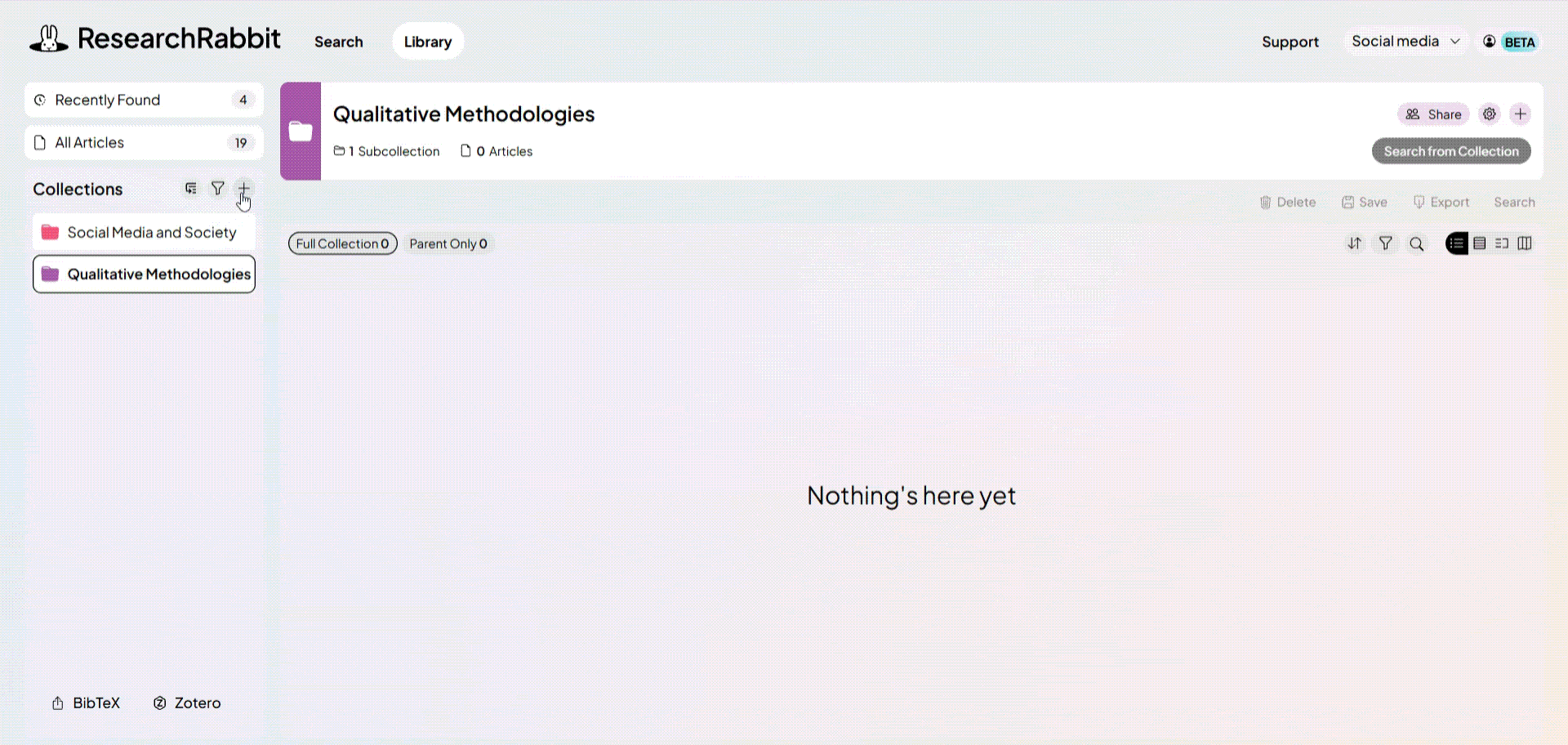 ResearchRabbit library showing the creation of a subcollection to organize research papers by theme.